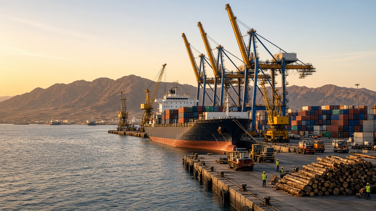 Cargo vessel, cranes and containers at the Port of Djibouti