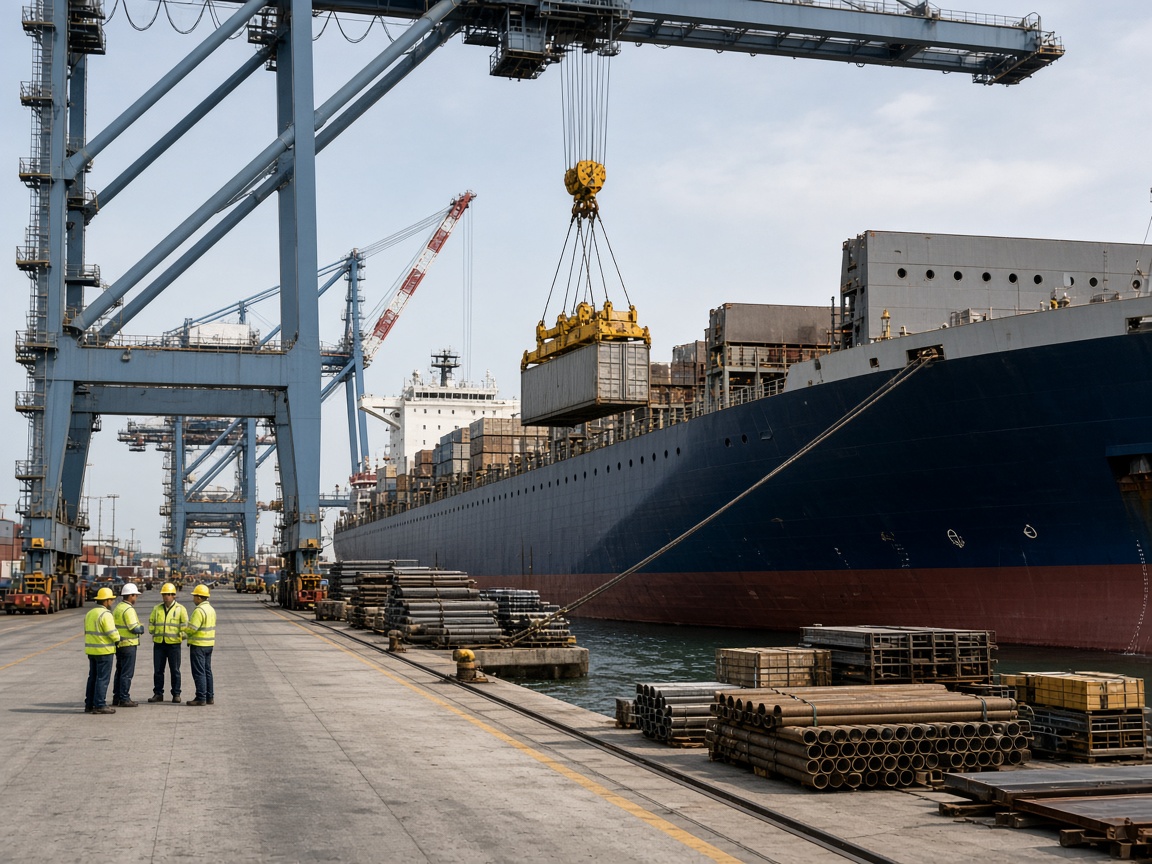 Stevedores handling cargo alongside a vessel