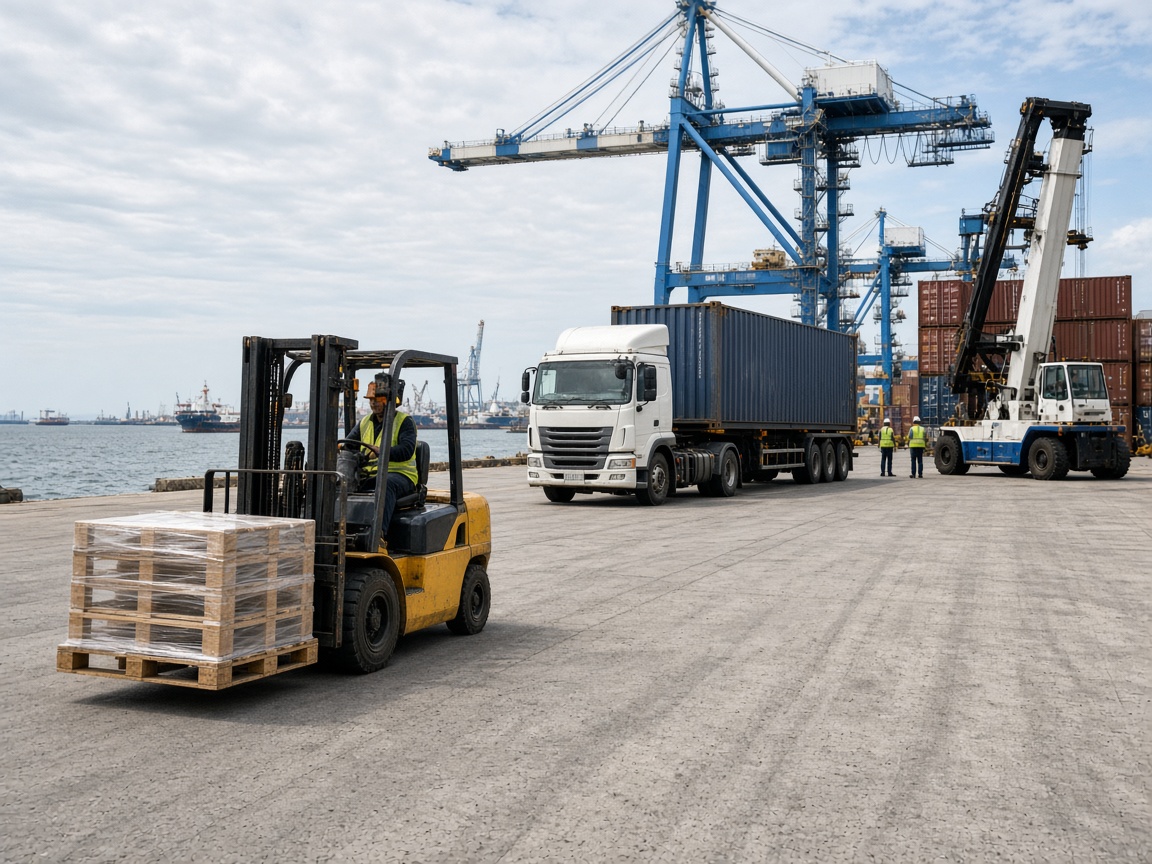 Forklifts, trucks and shore equipment on the quay