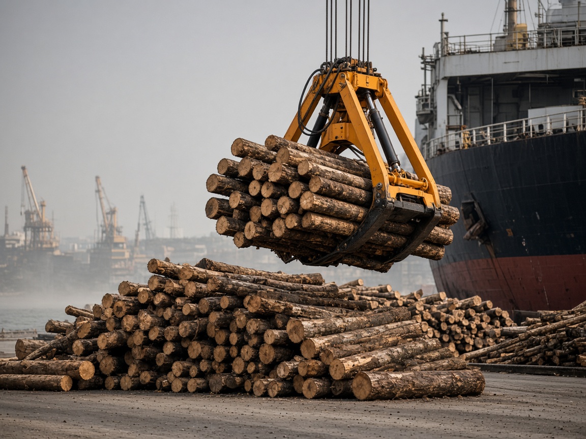 Grab crane lifting timber log cargo